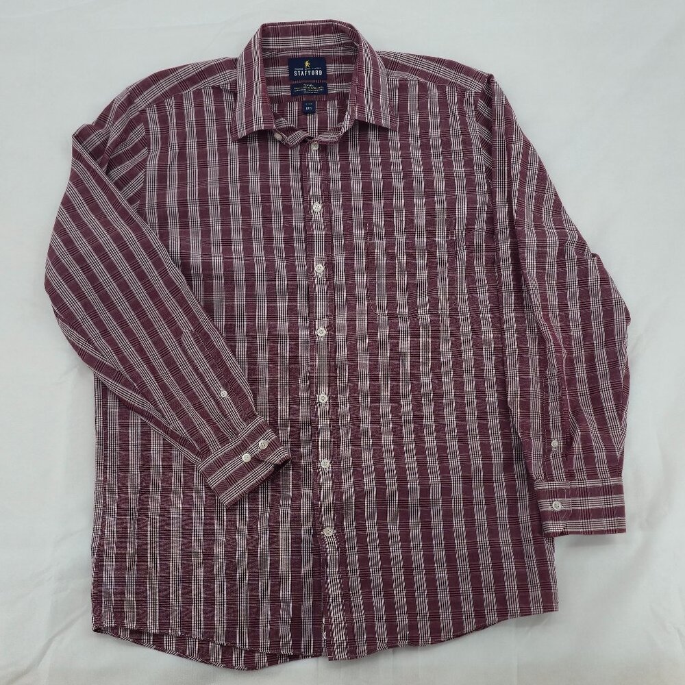 Stafford‎ "Travel" Dress Shirt, Fitted Cut, Red/Wine Check